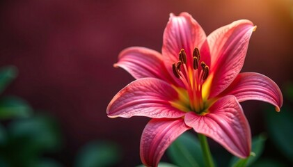 Colorful pink Josephine lily against warm red, plant, red color