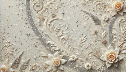 Shimmering pearl-white background with subtle glitter accents and embossed floral patterns