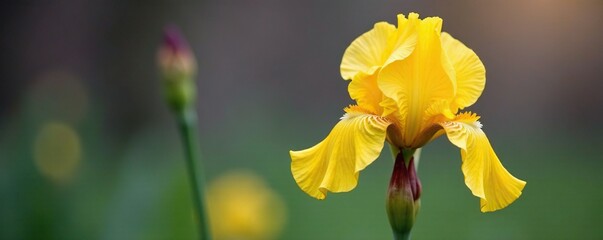 Delicate yellow petals unfolding from a slender purple iris stem, morning, blooms