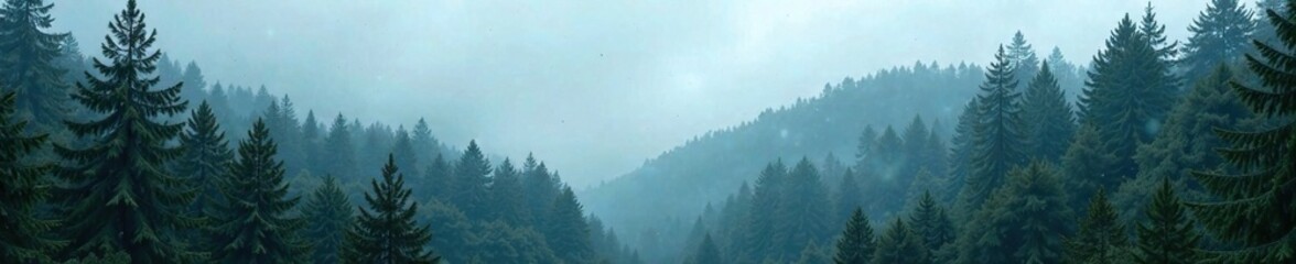 Dense spruce forest shrouded in a damp white veil, wet, overcast