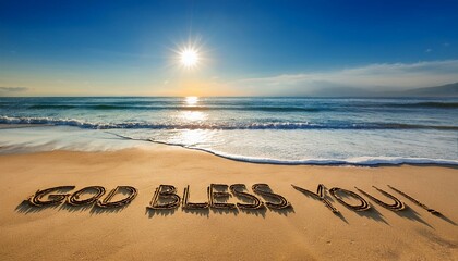 晴れた日の海の砂浜に書かれた祝福の言葉god bless you。背景は青い空と打ち寄せる波の風景。aiで生成
