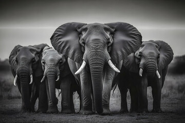 Fototapeta premium Four Majestic Elephants Stand Together in Monochrome Harmony, a Powerful Display of Wildlife