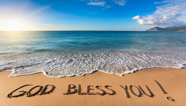 砂浜に書かれた祝福の言葉god bless you。背景は青い空と海の風景。aiで生成