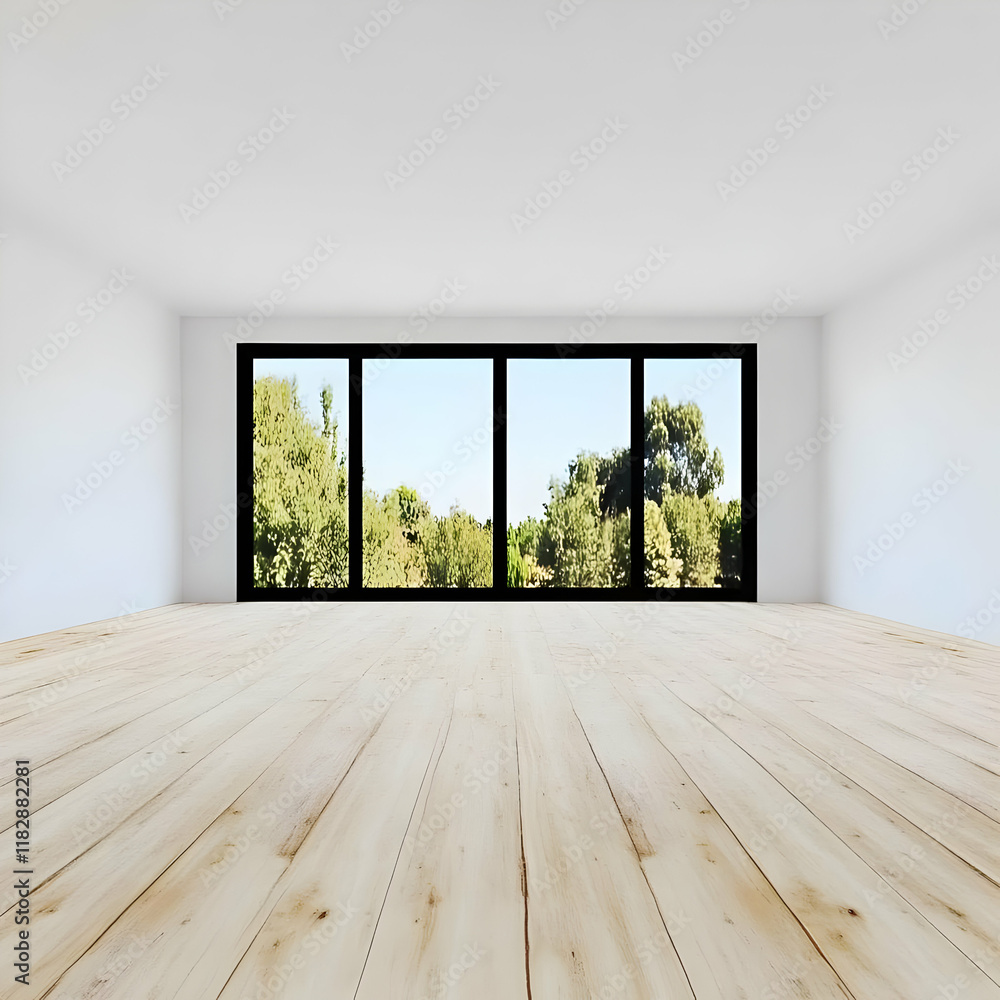 Poster empty room with large window overlooking trees and sky