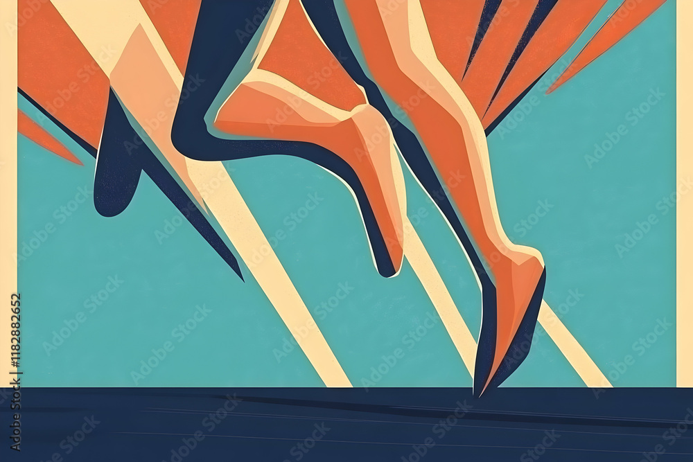 Poster runner's legs mid-stride against a colorful geometric background with dynamic lines and shadows