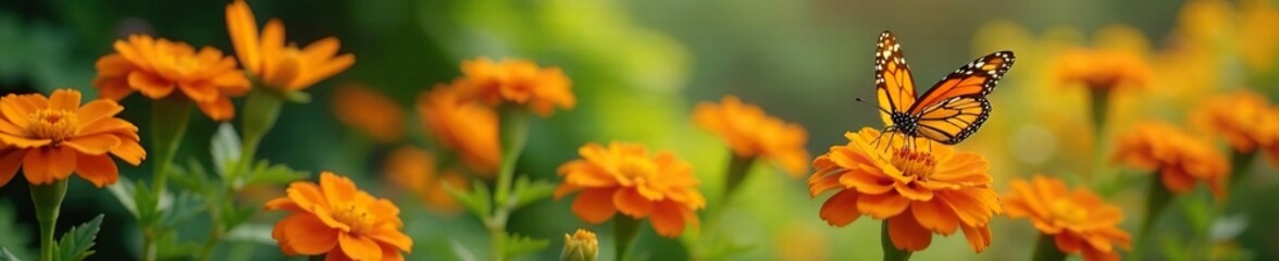 Fototapeta premium Garden of orange marigold flowers with butterflies, garden blooms, orange flowers with butterflies