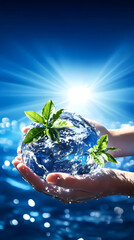 Hands Cradle a Water-Covered Globe with Green Sprouts, Symbolizing Environmental Protection