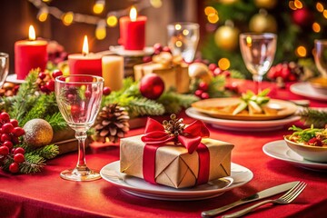 Festive Holiday Table Setting with Gift Box on Red Background - Candid Photography Stock Photo