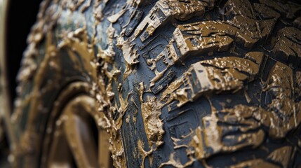 A car tire designed from hardened mud and soil, detailed with intricate tread patterns
