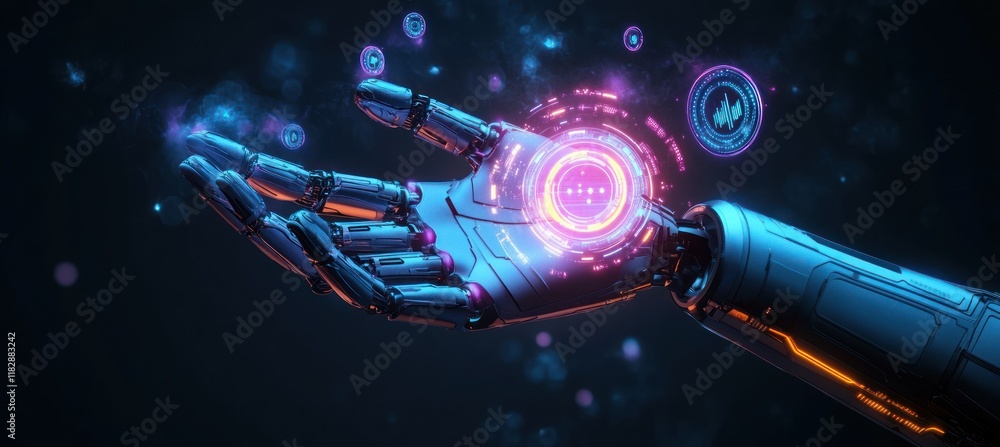 Aufkleber futuristic robotic hand targeting digital goals with ai strategy and business growth in a cyberpunk 