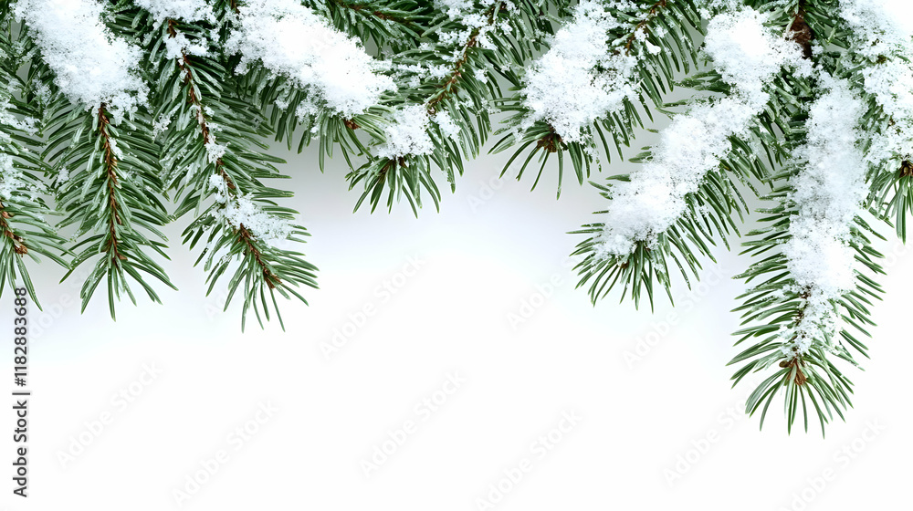 Poster Snow-Covered Evergreen Branches Frame a Blank White Background with Space for Text or Design