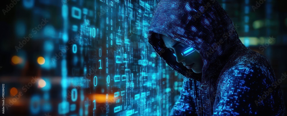 Aufkleber Hooded Hacker in Cybersecurity Vulnerability Log4J in Server Room Illuminated by Neon Lights in Futuristic Metaverse Technology