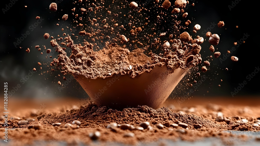 Poster ground coffee explodes upward with whole coffee beans dynamically on a dark background
