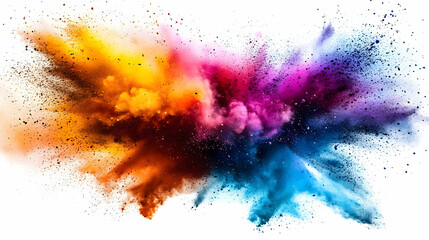 Colorful powder explosion creates abstract design with vibrant hues beautifully dispersing on a white background.