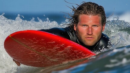 A surfer with long hair paddles a red surfboard through the ocean waves. Perfect for surfing websites, blogs, or sports apparel brands.