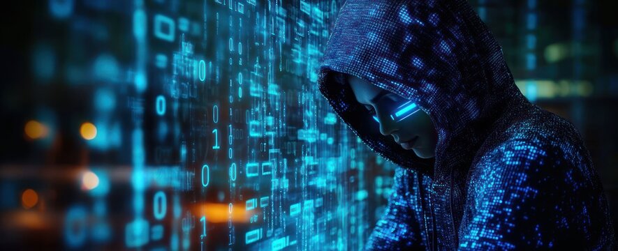 Hooded Hacker in Cybersecurity Vulnerability Log4J in Server Room Illuminated by Neon Lights in Futuristic Metaverse Technology