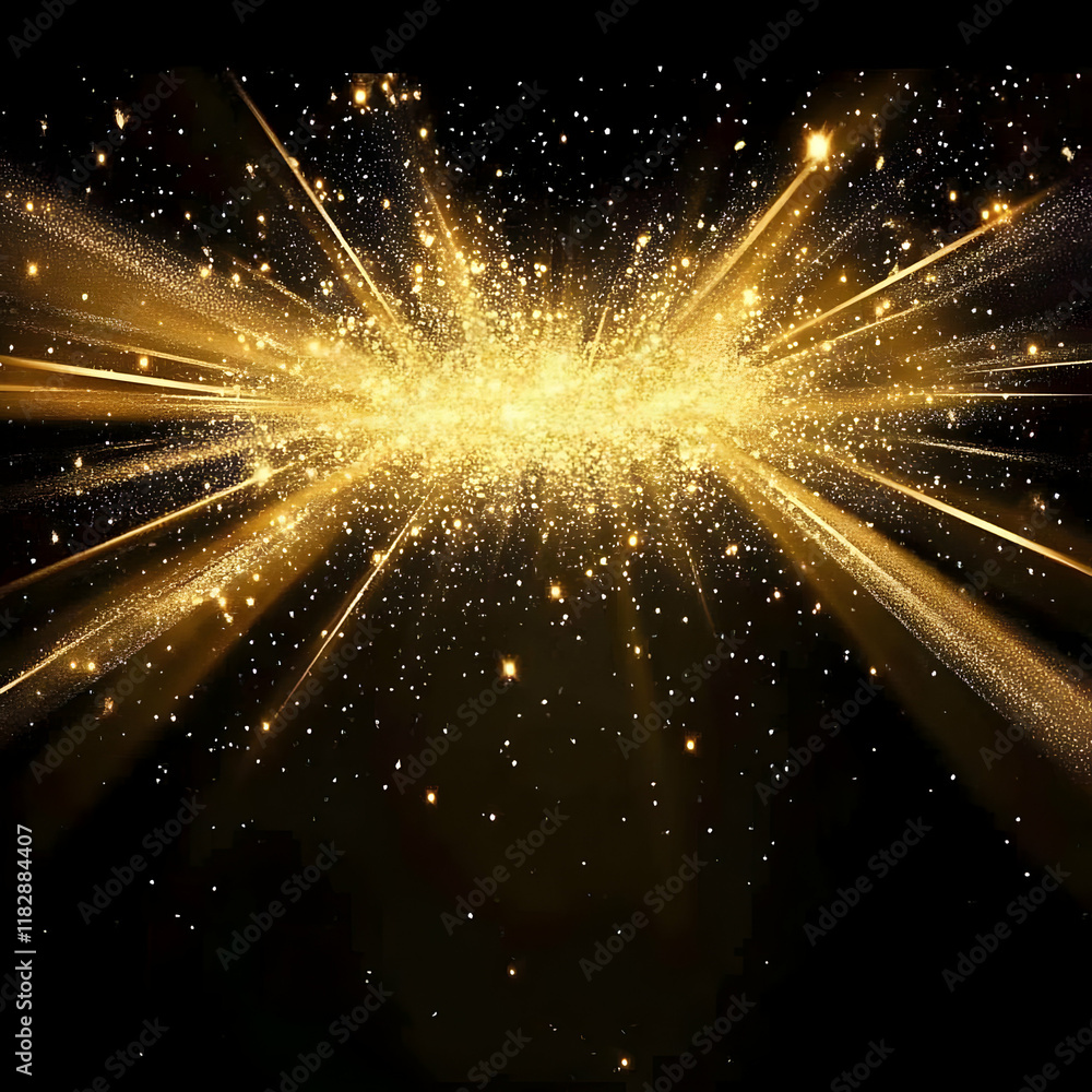 Poster golden explosion of light and glitter illuminates dark background dynamically