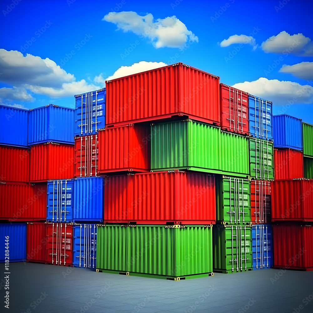 Poster stacked shipping containers form a colorful pattern against a blue sky with clouds