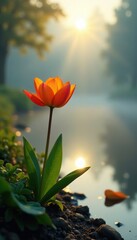 Morning light peeks through the thickest layer of fog as an orange flower blooms near pond, bloom, sunlight, foggy