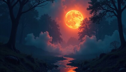 Fototapeta premium Mysterious orange glow amidst dark indigo atmosphere, dreamy, abstract, eerie