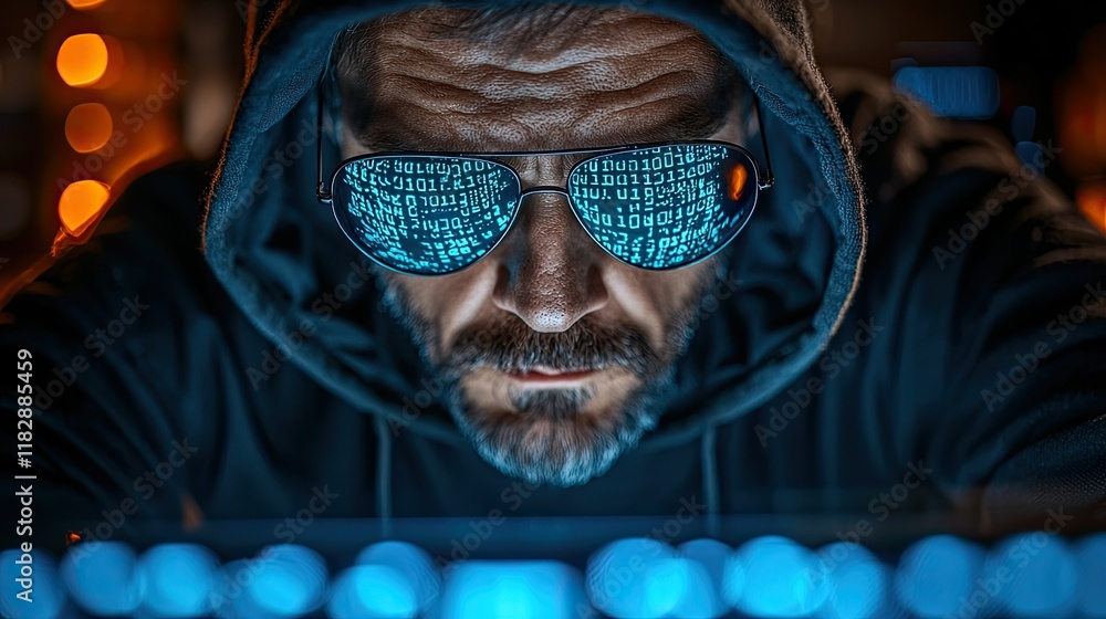 Aufkleber hooded man working on computer with binary code reflected in glasses