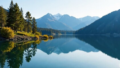 reflections of trees and mountains on the calm waters of Payette Lake, peaceful atmosphere, serene surroundings