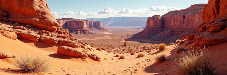 Fototapeta premium Rocky terrain with rust-colored sandstone formations, sandstone, red rock, earthy