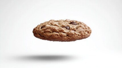 A single oatmeal chocolate chip cookie floats against a bright white background. Ideal for food blogs, recipe websites, or bakery advertisements.