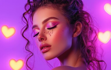 Fototapeta premium A glamorous woman with glittering eyeshadow and soft curls, styled on a vibrant purple background with neon heart accents for Saint Valentines Day