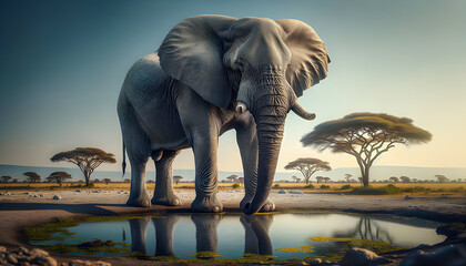 Fototapeta premium an african elephant gracefully approaches a watering hole, drinking from the serene waters while surrounded by lush greenery, embodying the majesty and tranquility of nature in the wild