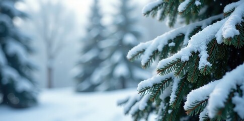 Snow covered evergreen tree branches frozen rigid, frost, snowy, evergreen