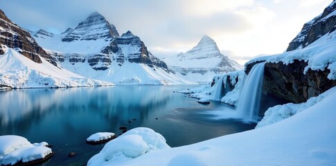 Snow-covered mountain with a frozen waterfall, frozen lake, snowy peaks, waterfalls