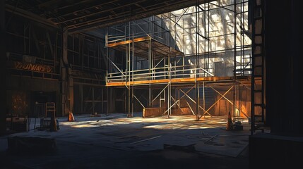 Industrial space with scaffolding and natural light.