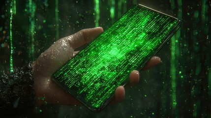 Hand Holding Smartphone Displaying Green Digital Code
