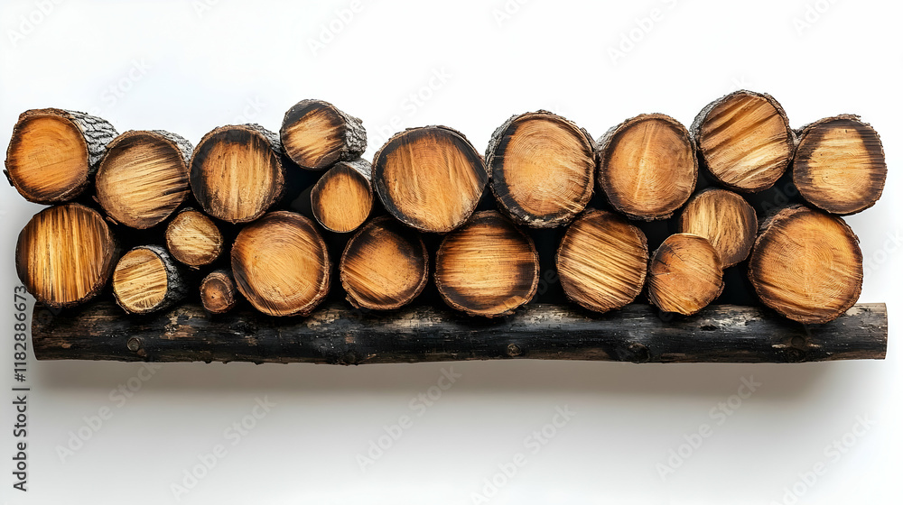 Poster stack of cut tree logs creates a rustic display on white background with natural warm tones