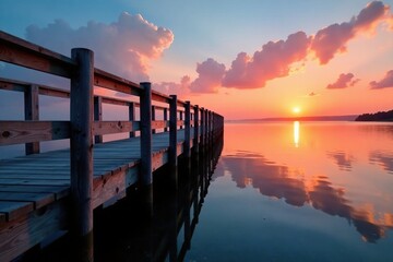 Obraz premium Sunset over the calm waters of a wooden bridge, water, peaceful, sunset