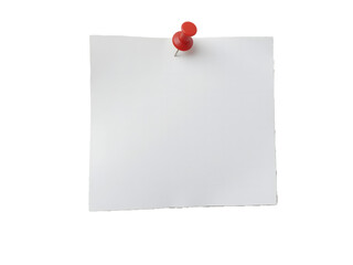 White paper sticky note with red push pin isolated on transparent background