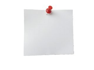 White paper sticky note with red push pin isolated on transparent background