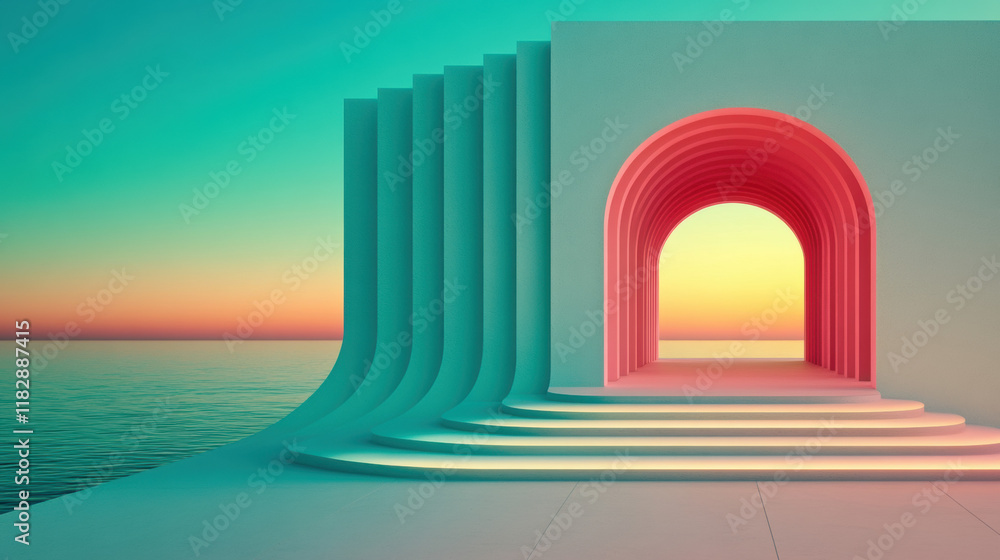 Poster parametric design, a high-fidelity 3d image of a futuristic, parametric walkway featuring undulating