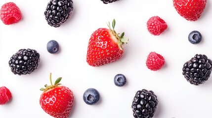 Vibrant mix of fresh berries on a white background. Ideal for healthy eating promotions, recipe blogs, or summer-themed designs.