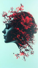 Double Exposure Portrait of Woman and Blooming Red Flowers with Soft Blue Background, Floral Portrait.