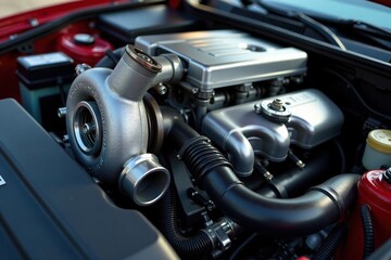 Turbocharger and exhaust manifold with oil and coolant hoses, valve, hose