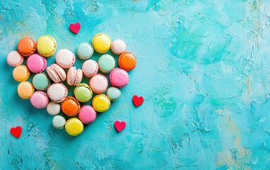 A heart made of colorful macarons on a vivid turquoise background for Saint Valentines Day