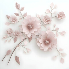Pink Paper Flowers and Leaves Arranged Artistically on a White Background Create Decorative Art
