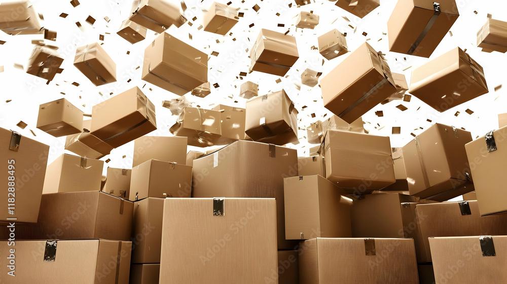 Poster cardboard boxes falling and stacked on white background, dynamic composition with motion blur