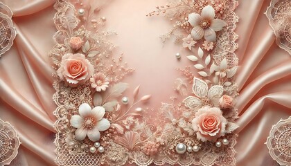 Romantic blush pink background with soft floral lace patterns and shimmering pearl accents