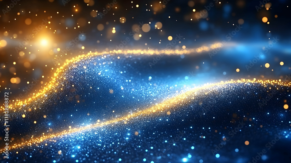 Poster abstract background with golden and blue particles flowing gracefully with bokeh effect