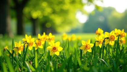 Fototapeta premium Yellow daffodils in a lush green meadow with a few trees, grass, yellow