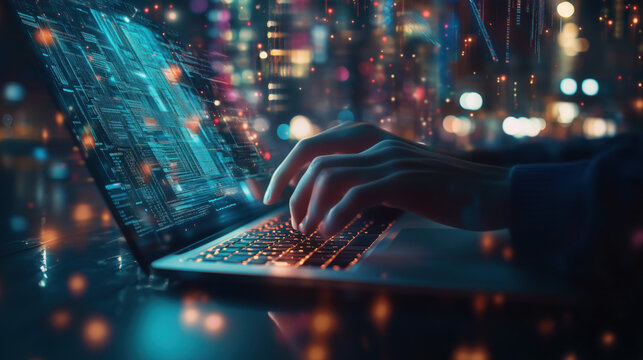Dedicated Coder Working on JavaScript for a Smart City Project, Writing Algorithms for IoT Devices and Digital Technology Solutions on a Laptop