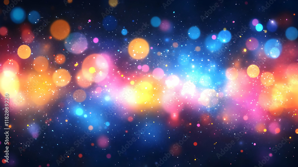 Poster colorful bokeh lights background shines brightly with scattered sparkling particles.